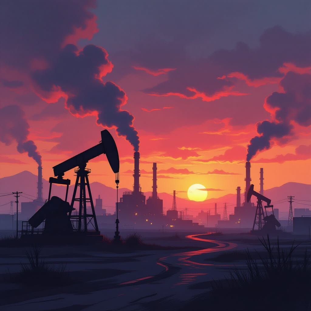 Industrial Sunset Over Smoking Factories and Oil Rigs