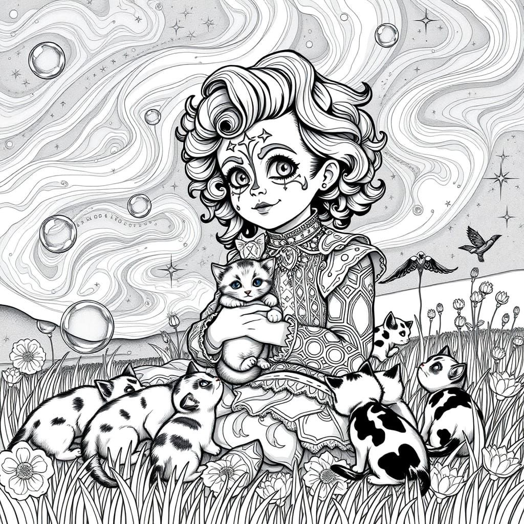 Whimsical Harlequin Child Surrounded by Kittens in a Fantast...