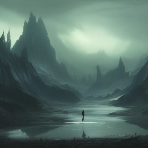Mysterious Woman in Gloomy Dark Fantasy Landscape