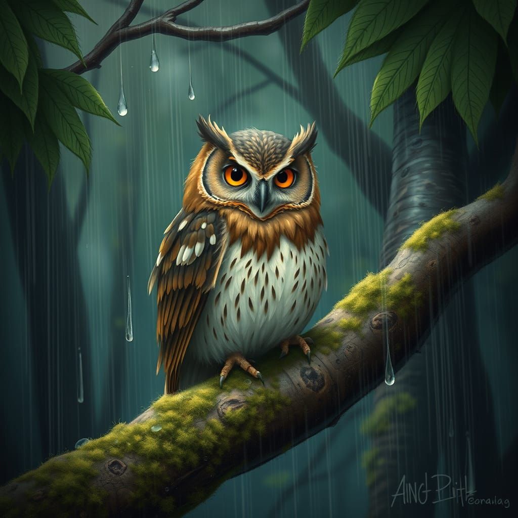 Rainy Forest Owl: Fantasy Art Style