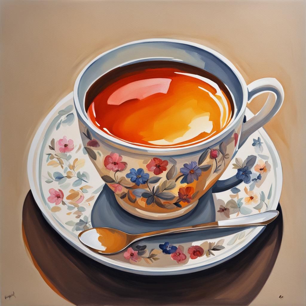 Detailed Gouache Painting of a Cup of Tea