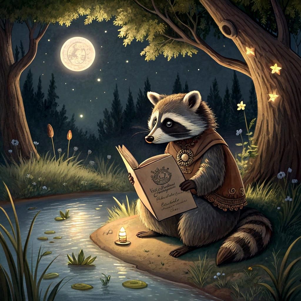 Wise Raccoon Reads Ancient Lore by Moonlit Pond