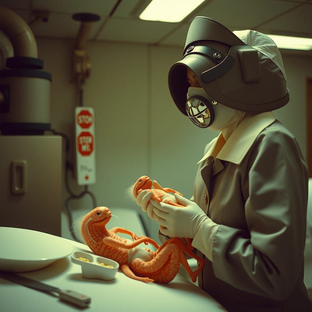 Retrofuturistic Nurse Feeds Larvae in Deteriorating Space Cl...