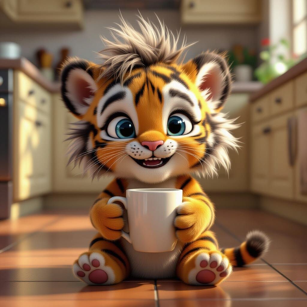 Whimsical Fluffy Tiger Cub with Coffee Mug in Pixar Style