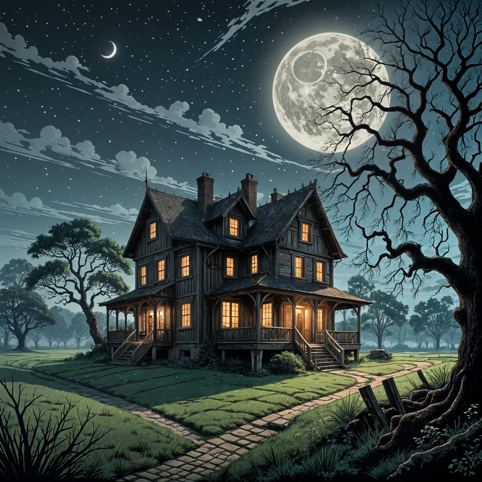 Weathered Old House Under Starry Night Sky