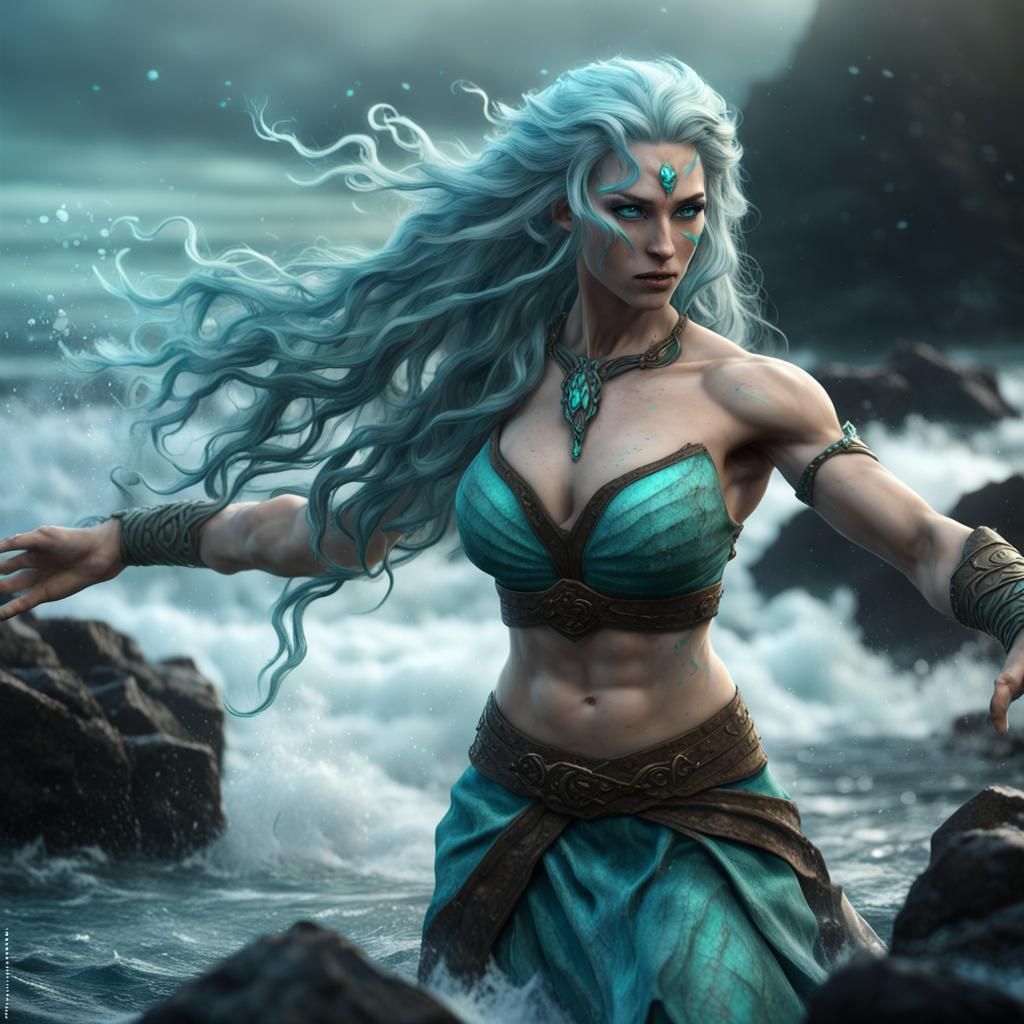 Water Genasi Druid Goddess on Stormy Shore