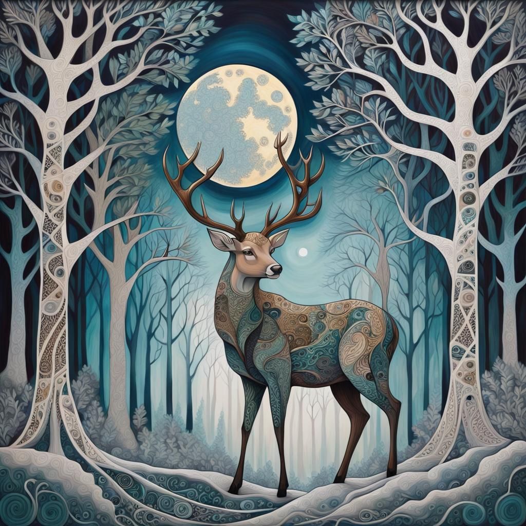 Zentangle Forest Scene with Deer and Moon