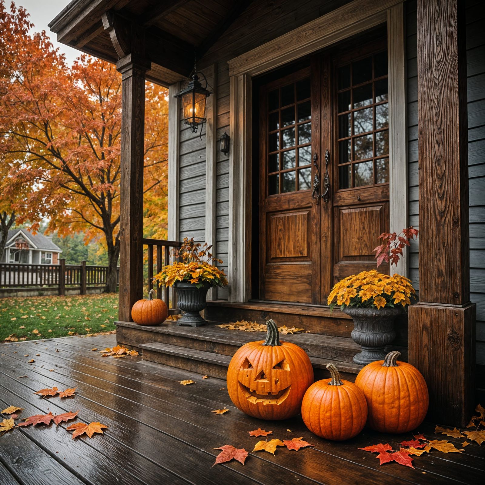 Cozy Autumn Porch with Pumpkin Lantern