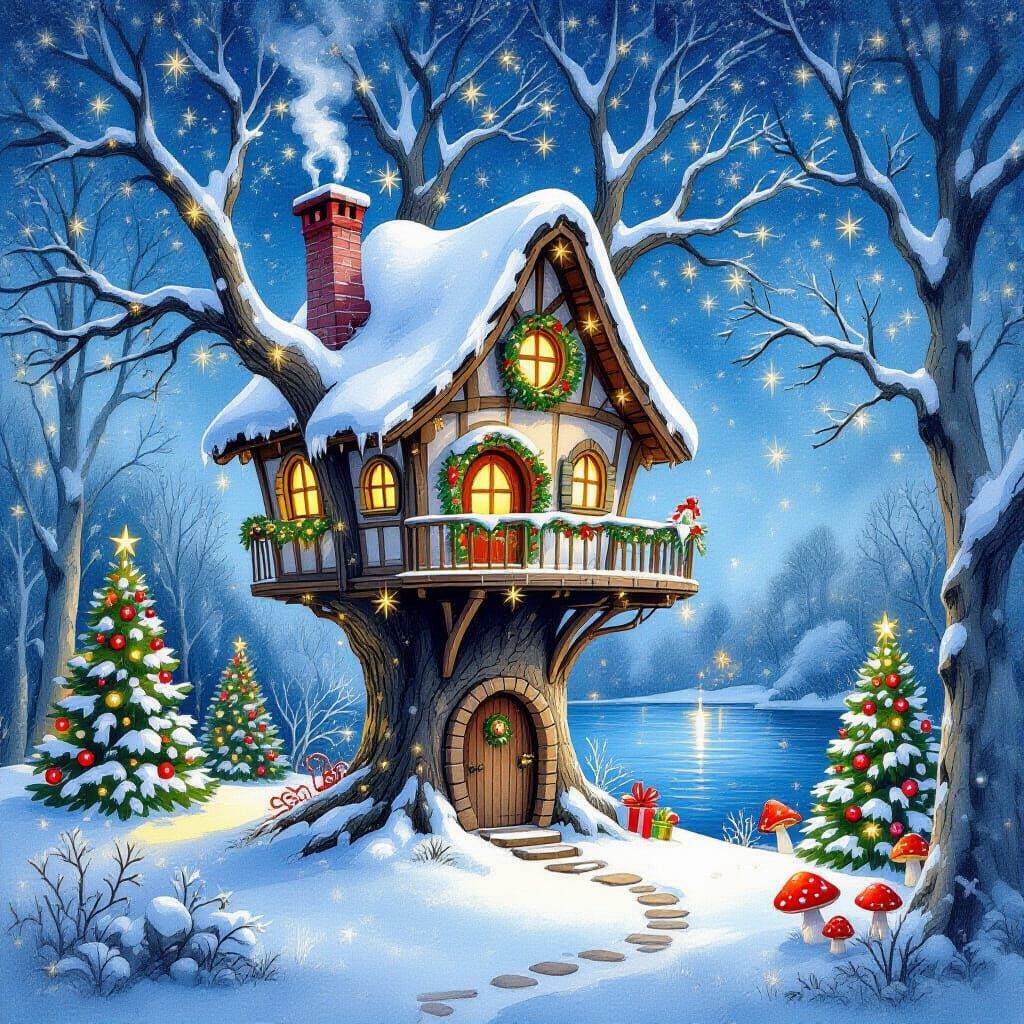 Whimsical Snow Fairy Treehouse in Watercolor