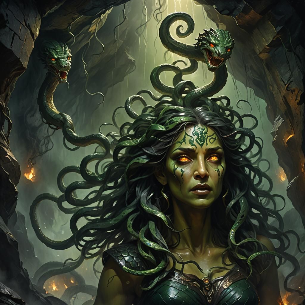 Medusa in Dark Cave: An Oil Painting