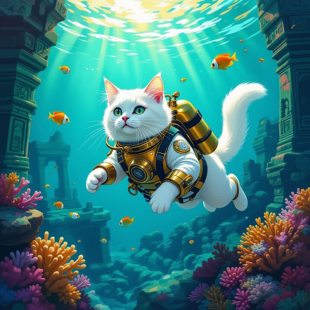Cat in Diving Suit Explores Coral Reef