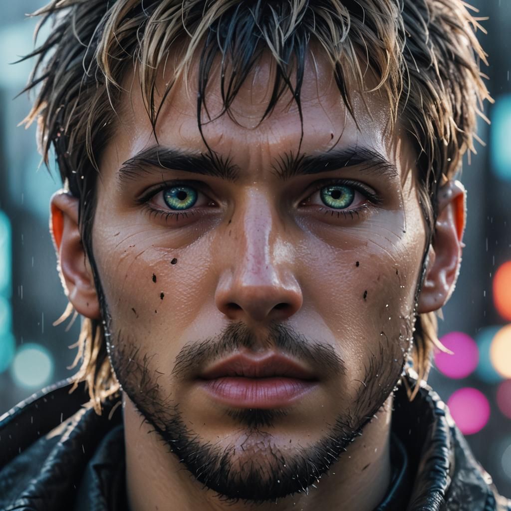 Cyberpunk Man with Fiery Eyes in Neon City