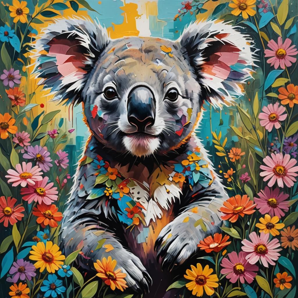 Koala Painting in Flower Garden as Street Art