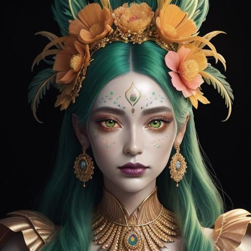 Gold Woman with Peacock Feathers in Candy Art Style