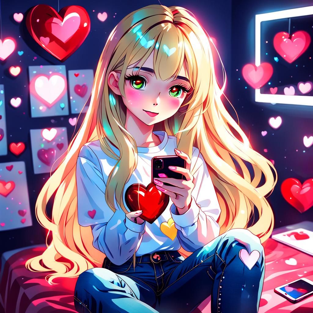 Anime Girl Selfie with Heart Filter, Digital Art