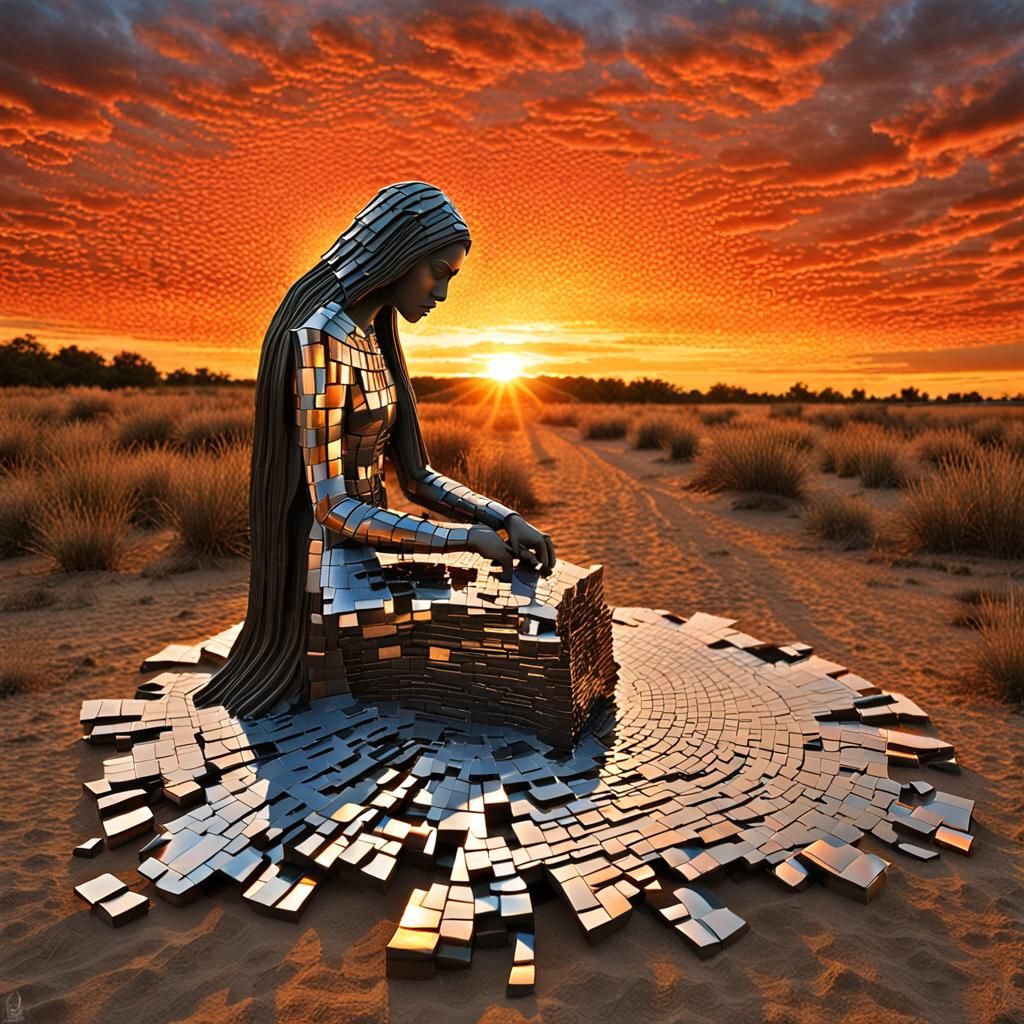 Surreal Sculpture of Woman at Sunset