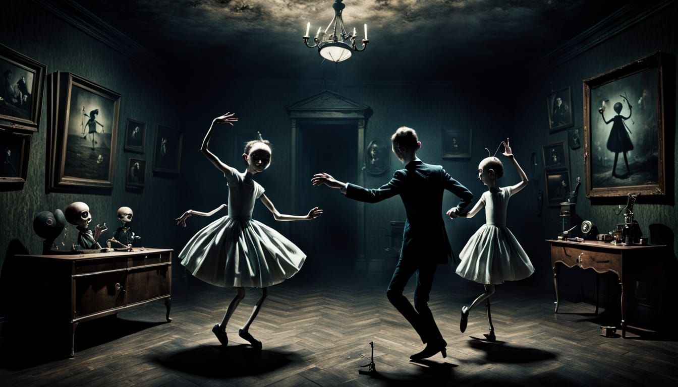Ethereal Nighttime Dance Scene in Whimsical Dark Fantasy Sty...