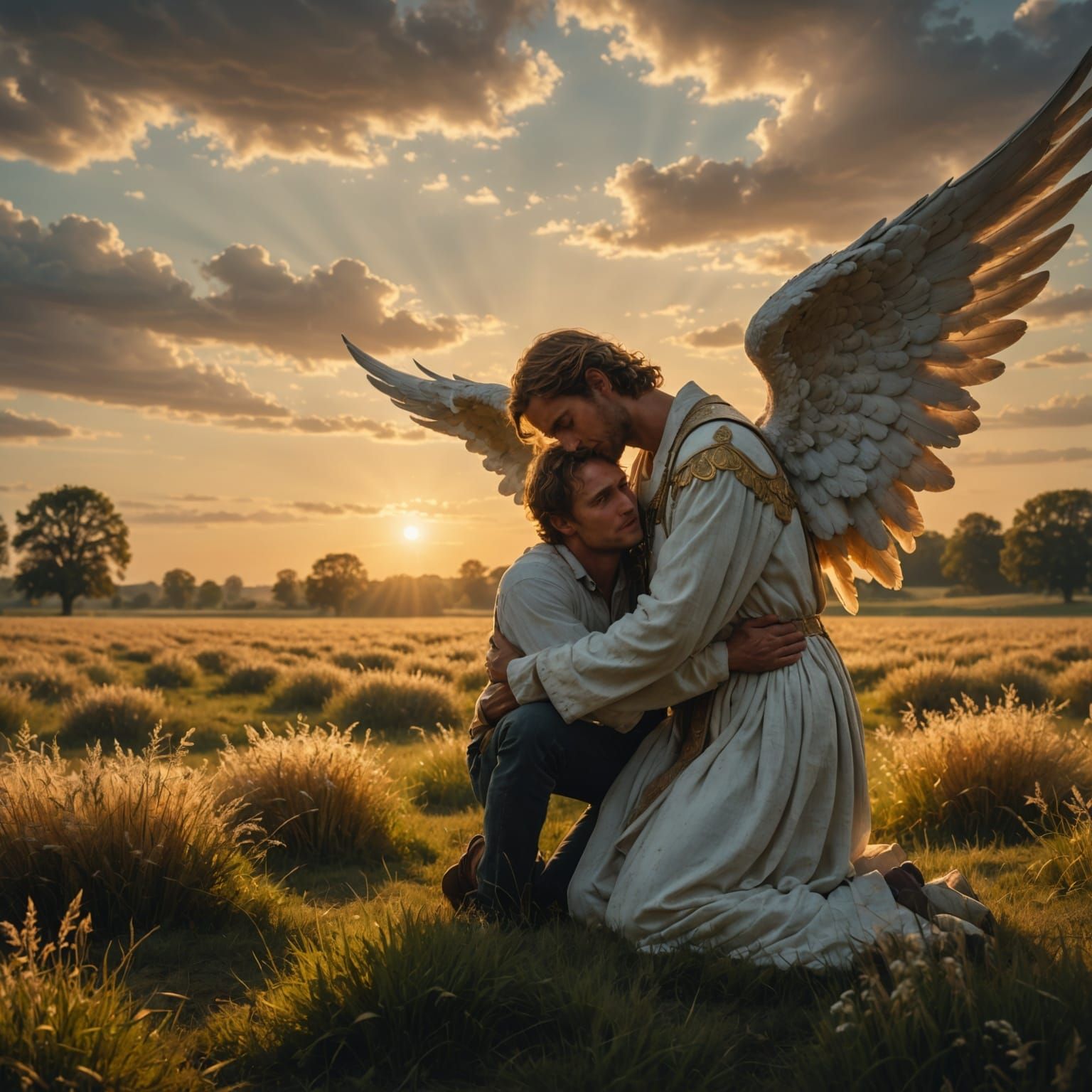 Angel Comforts Man in Golden Hour Field