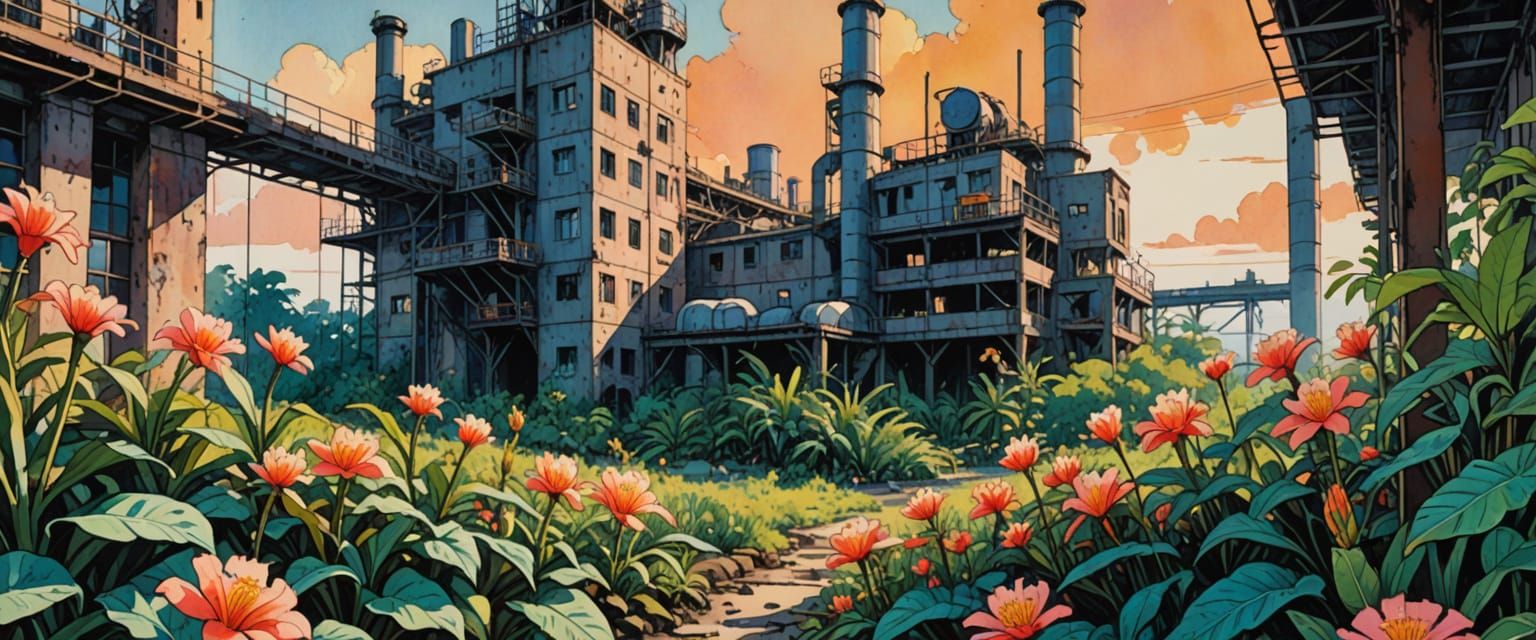 Abandoned Tropical Factory in Retro Comic Book Watercolor St...