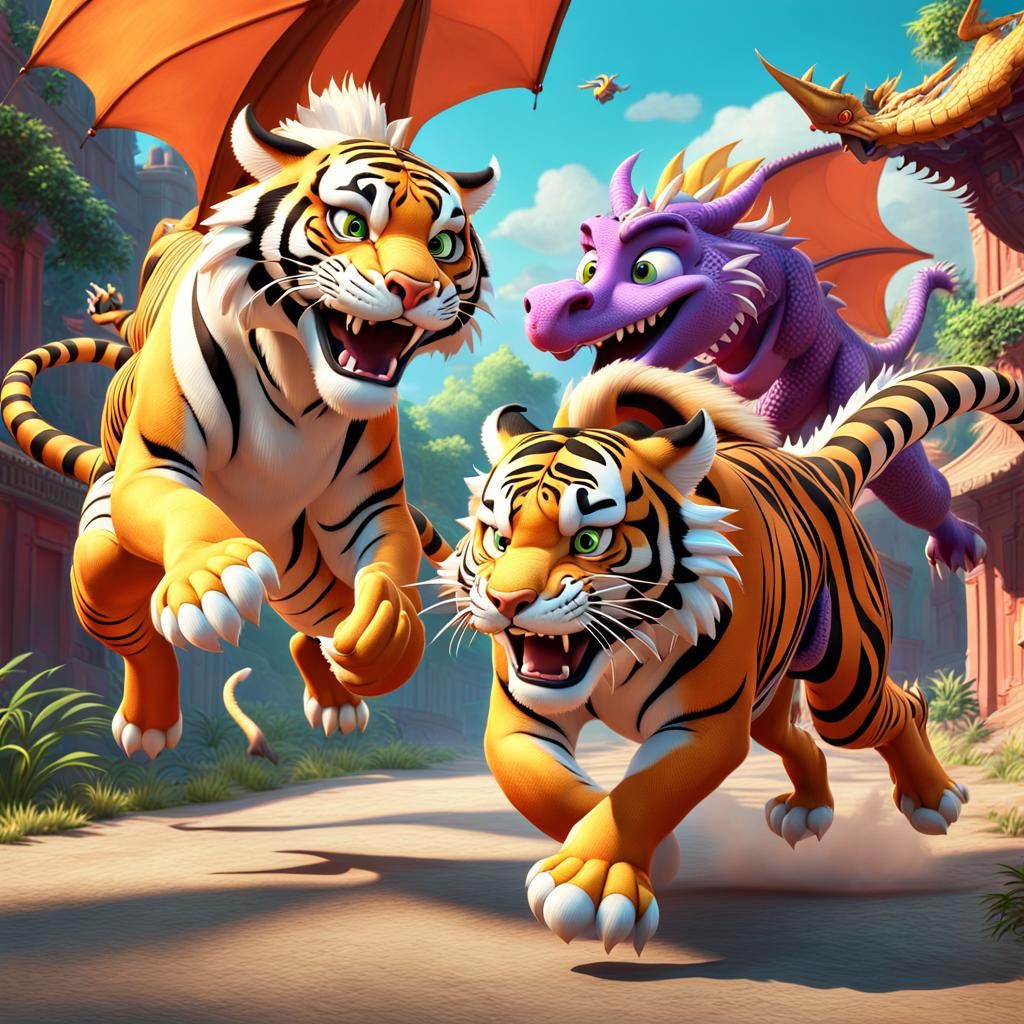 Playful Tigers and Dragons in 3D Animation Style