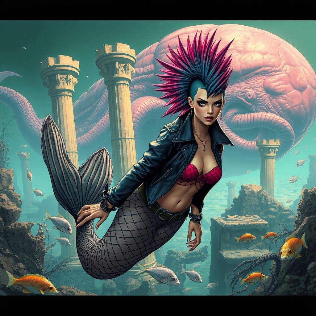 Punk Mermaid in Sunken Atlantis with Cthulhu