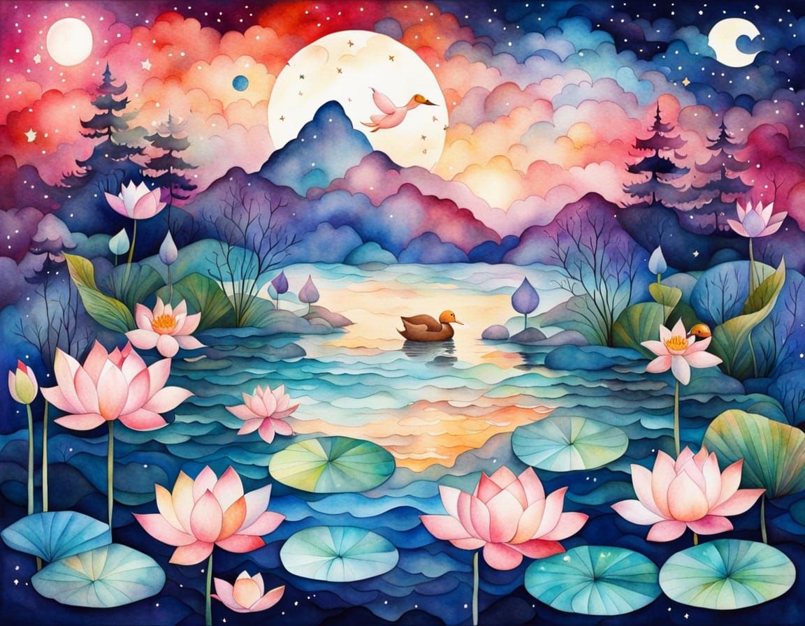 Dreamlike Beach Scene with Lotus Flower and Happy Duck