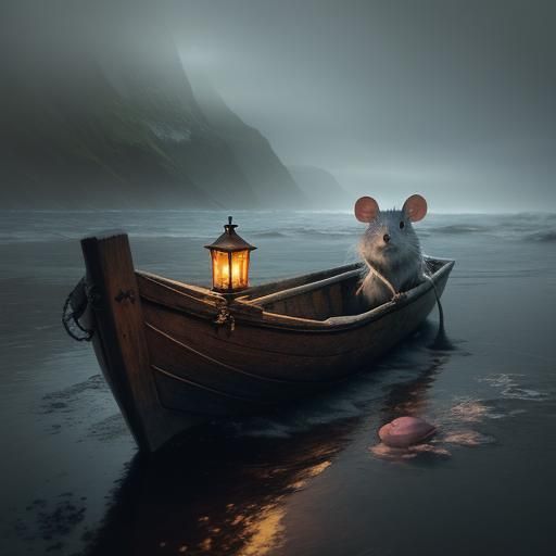 Mouse on Raft in Stormy Sea: Dark Fantasy Art