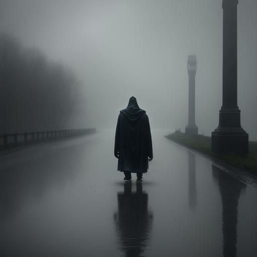 Gloomy Figure Walks Riverbank in Rainy Oil Painting