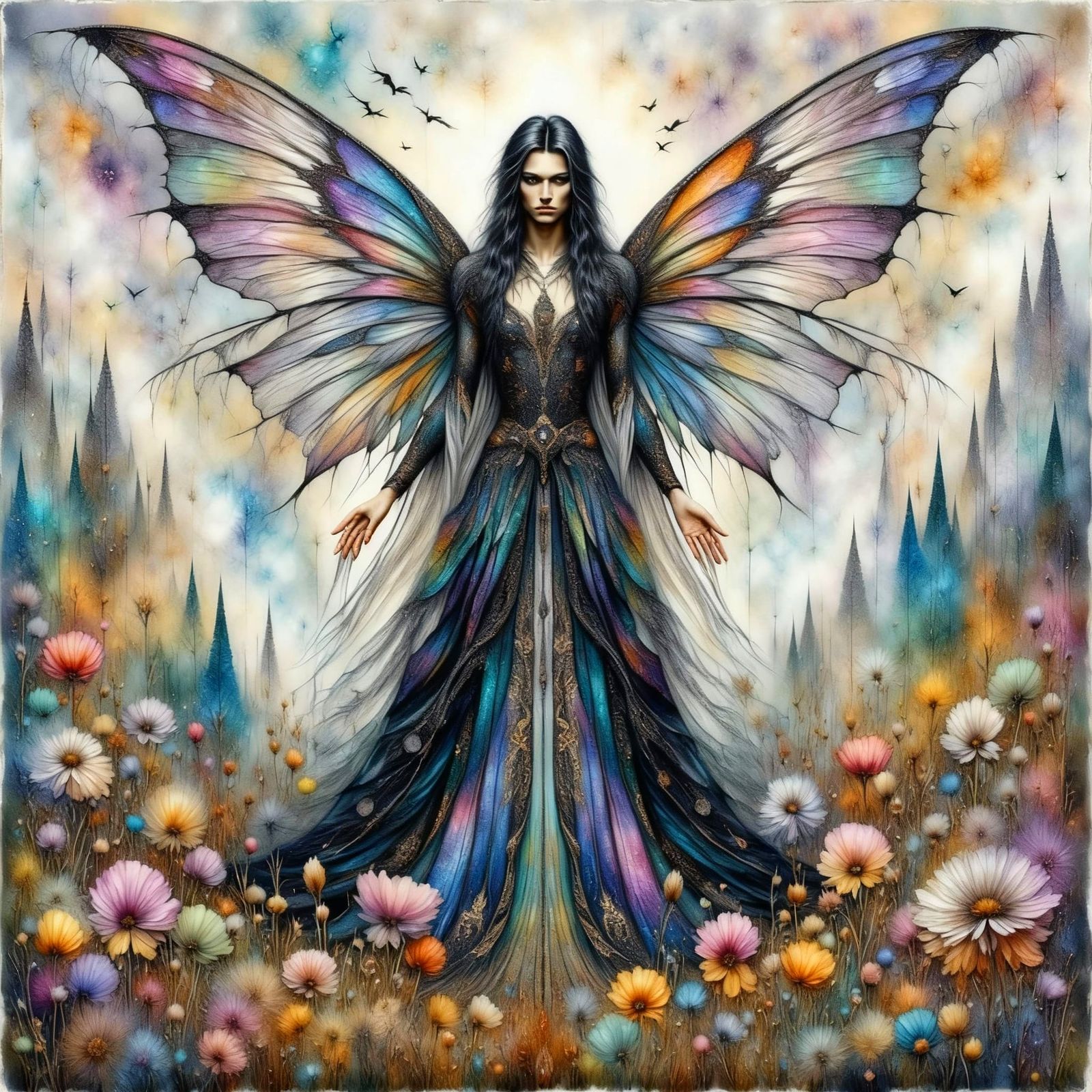 Gothic Fairy in Misty Meadow with Geometric Lace