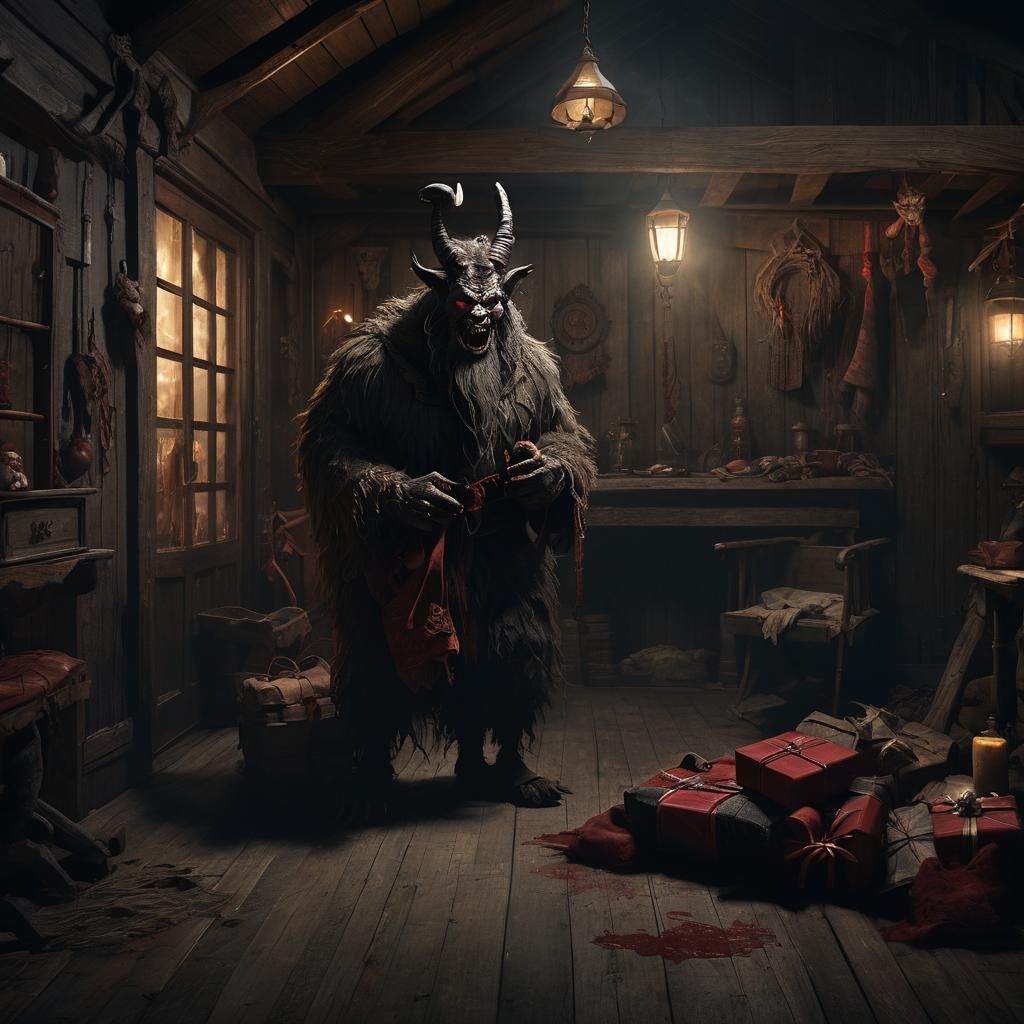 Krampus in Cabin with Terrified People: Dark Fantasy