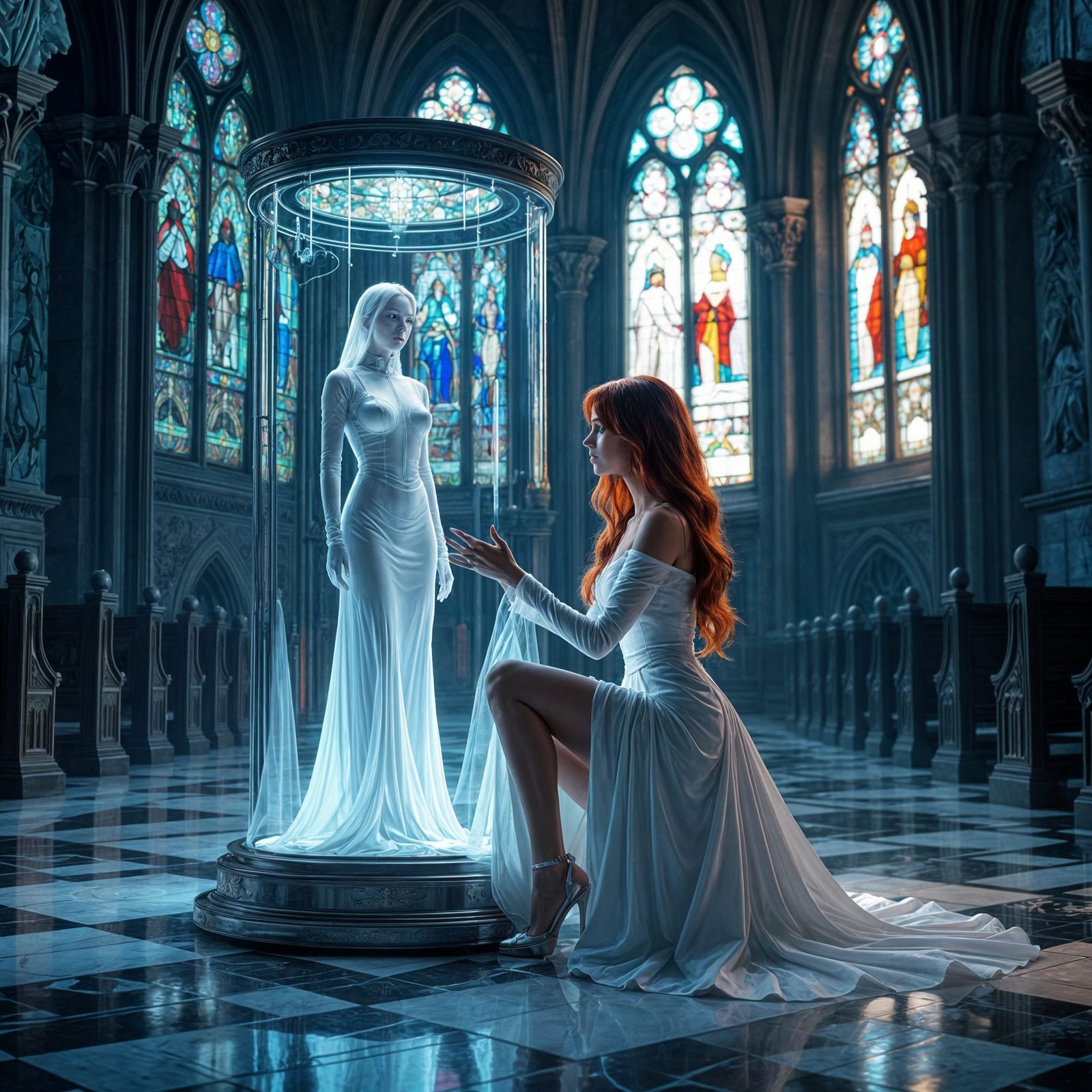 Gothic Cathedral Scene: Woman Before Stasis Field