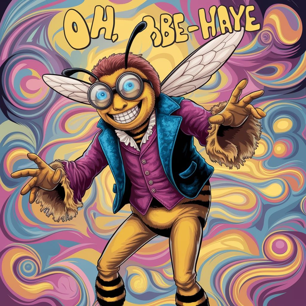 At the top of the canvas, playful bold comic text that says "Oh, Bee-have"  with a heavy black outline and drop shadow. ...