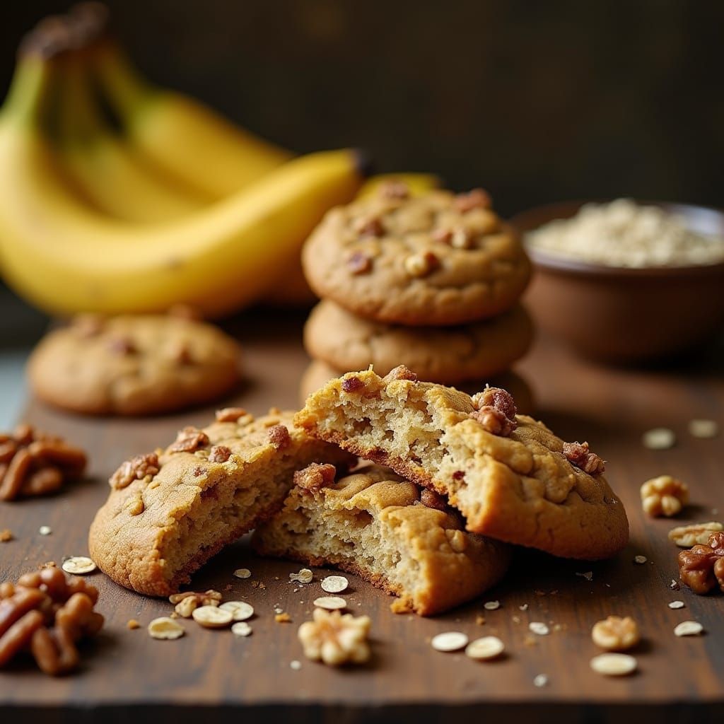 Golden Brown Banana Oatmeal Cookies on Rustic Wooden Surface