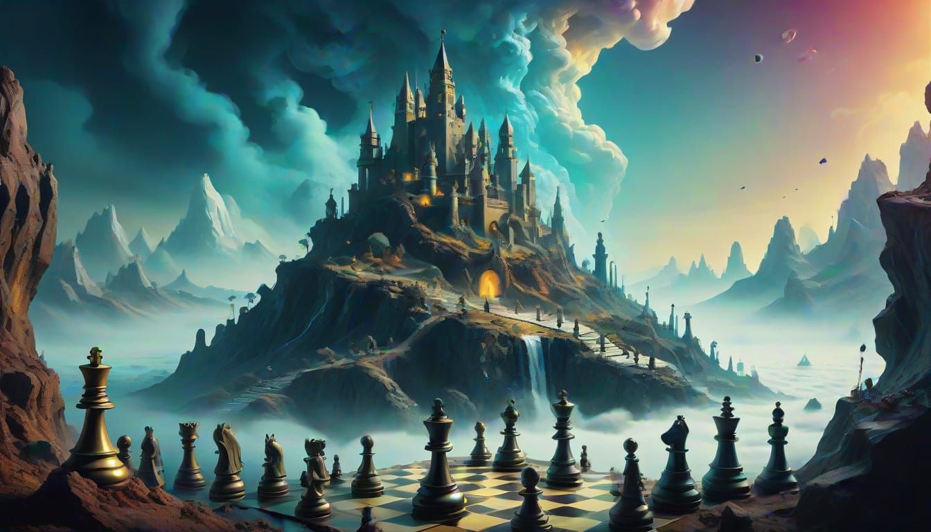 Surreal Chessboard Landscape with Towering Knights and Majes...