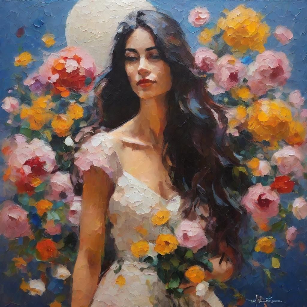 Dreamy Neo-Impressionist Portrait with Moonlit Blooms