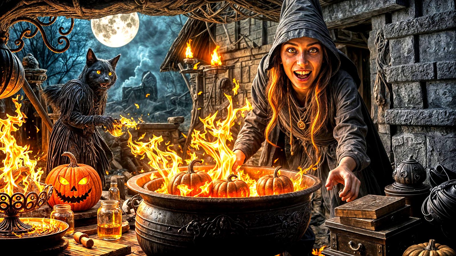 Dark Fantasy Alice with Fiery Cauldron