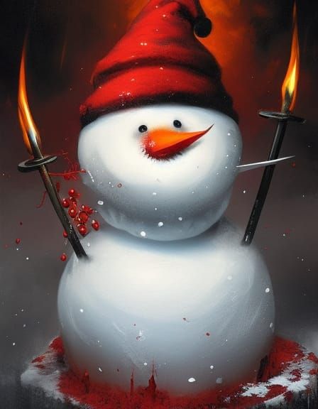 Sinister Snowman in Blood Red Santa Hat