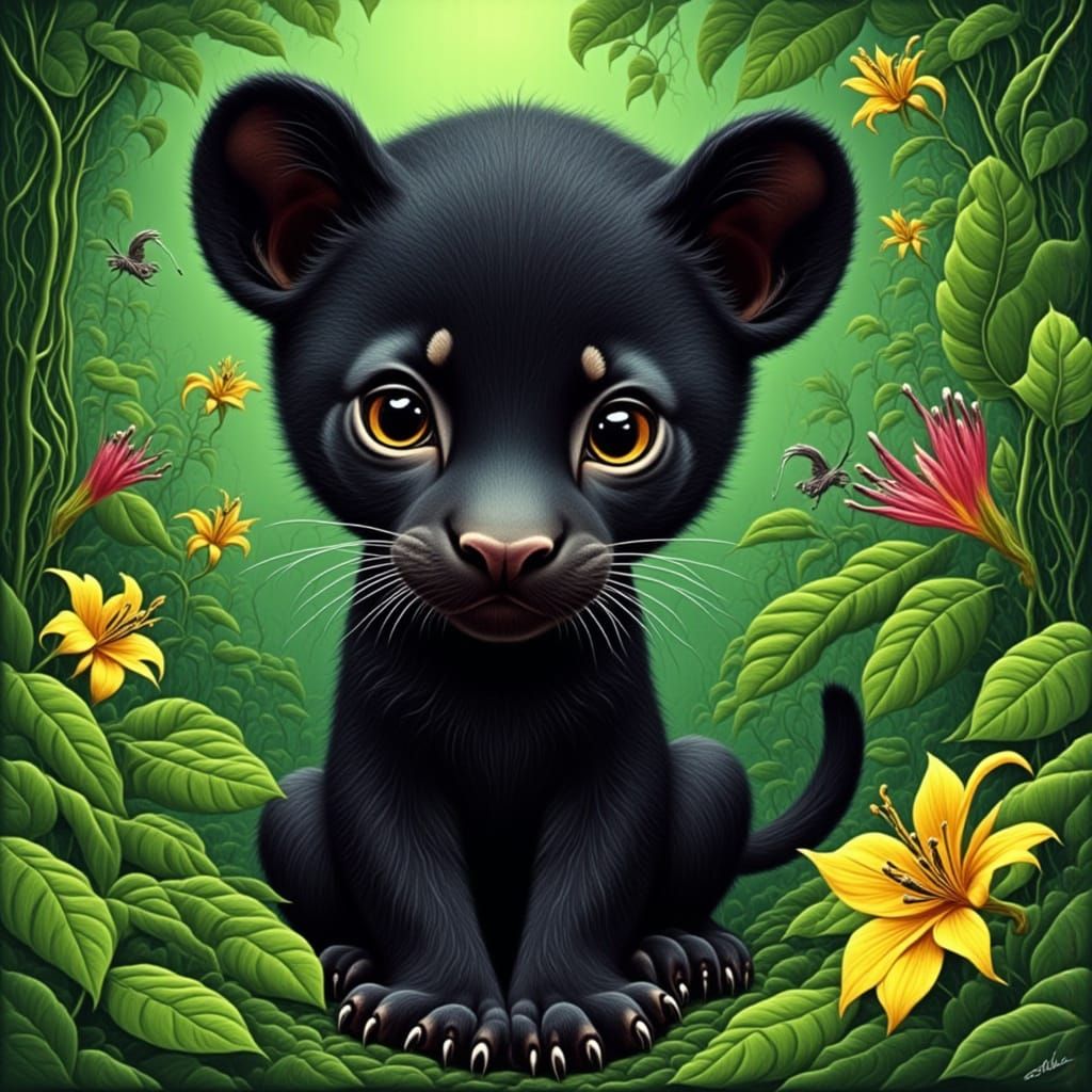 Playful Black Panther Cub in Lush Jungle