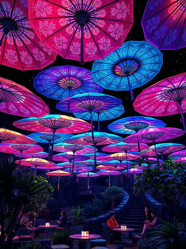 Whimsical Dreamlike Garden with Floating Colorful Umbrellas