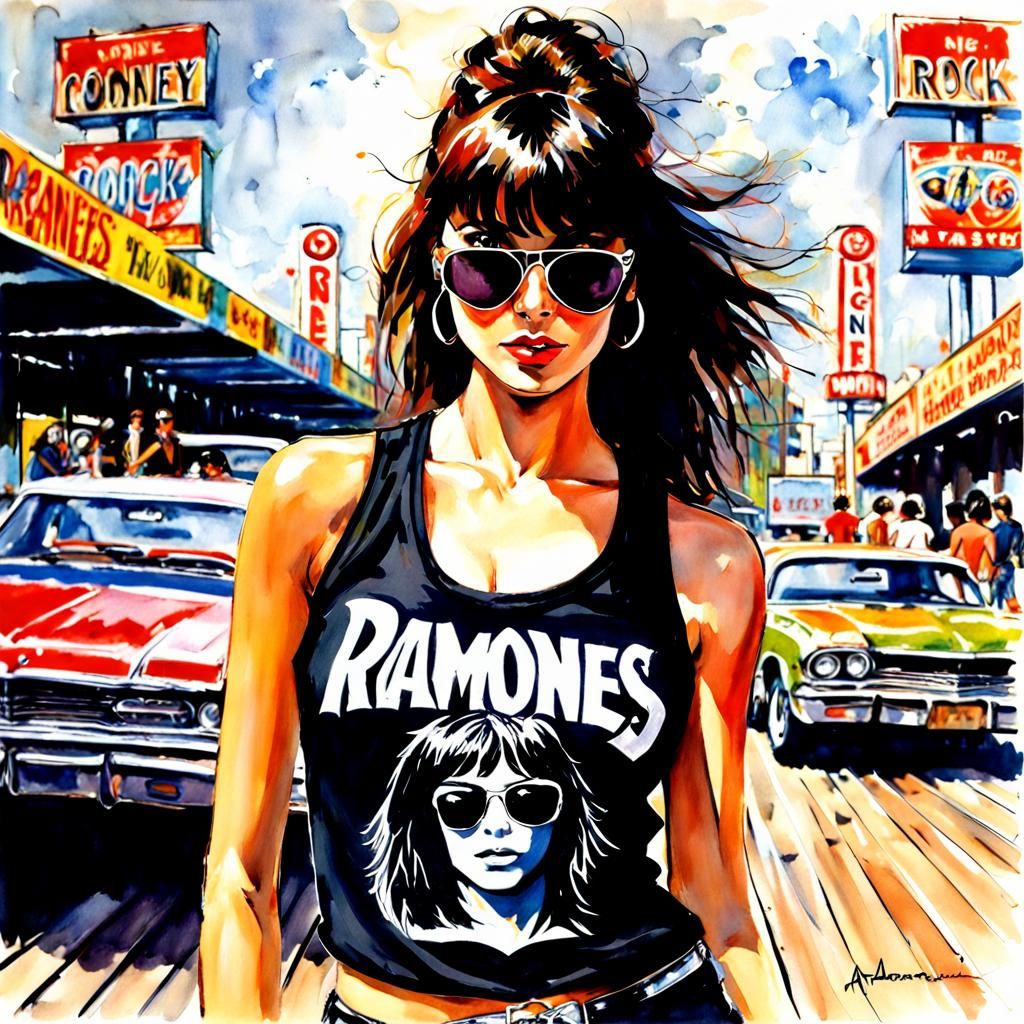 Punk Girl on Coney Island Boardwalk, Watercolor Style