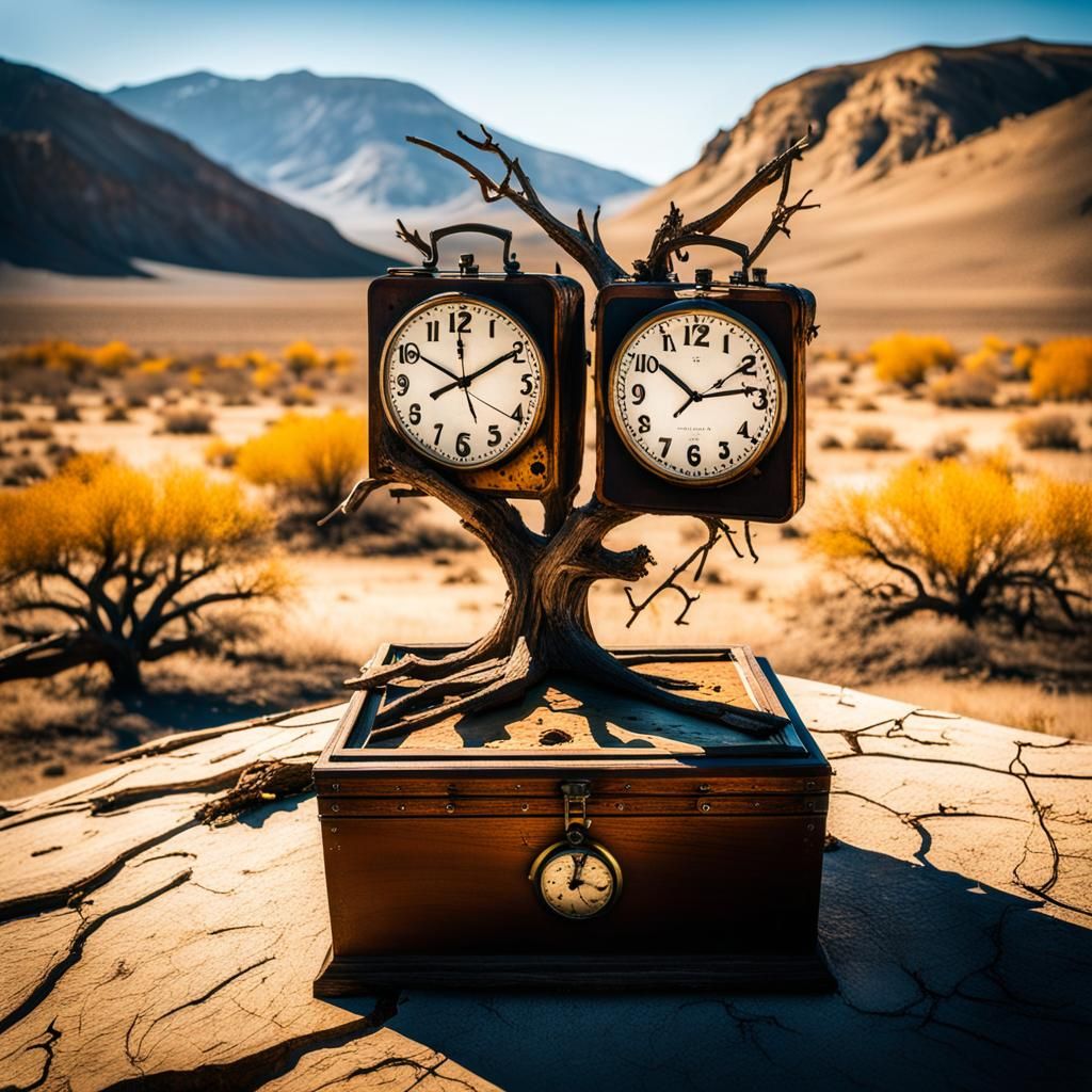 Surreal Melting Clocks in Desert Landscape