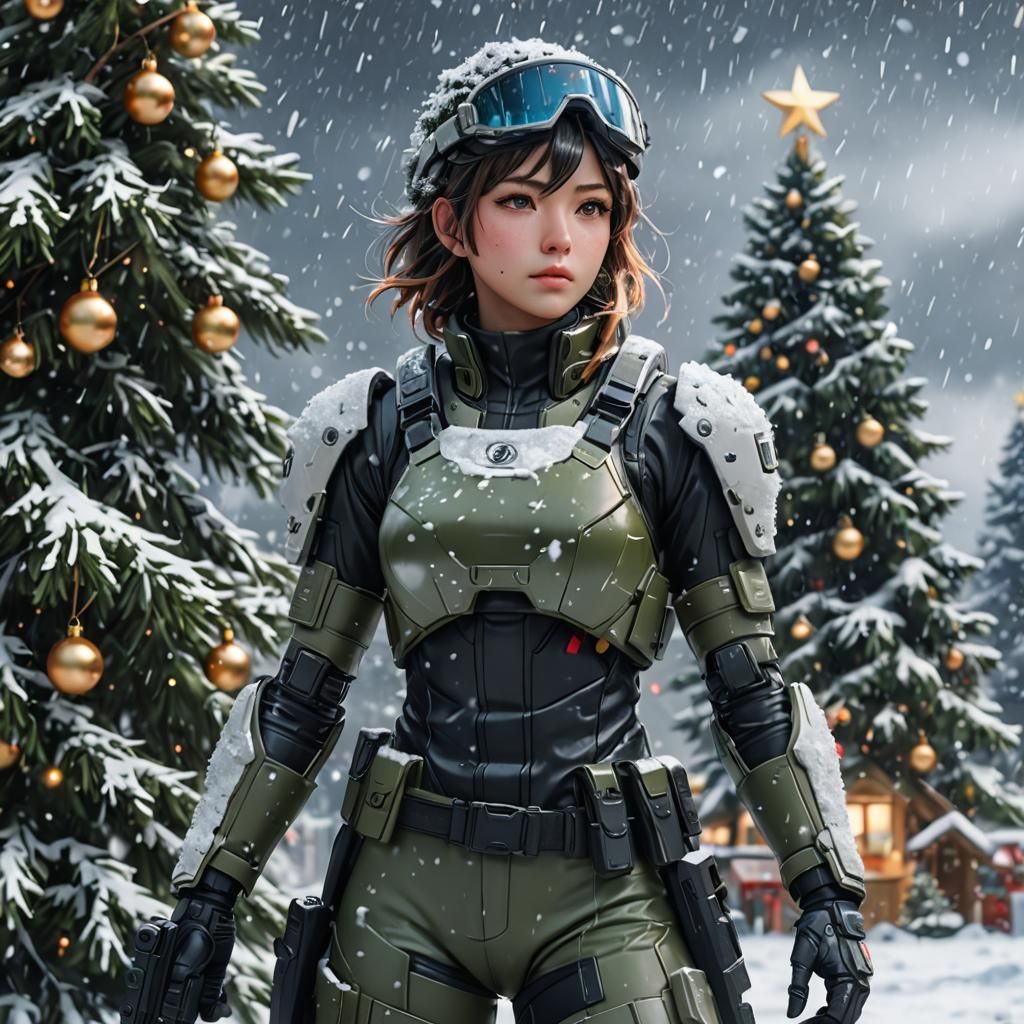 Sci-Fi Anime Soldier in Snowy Christmas Scene