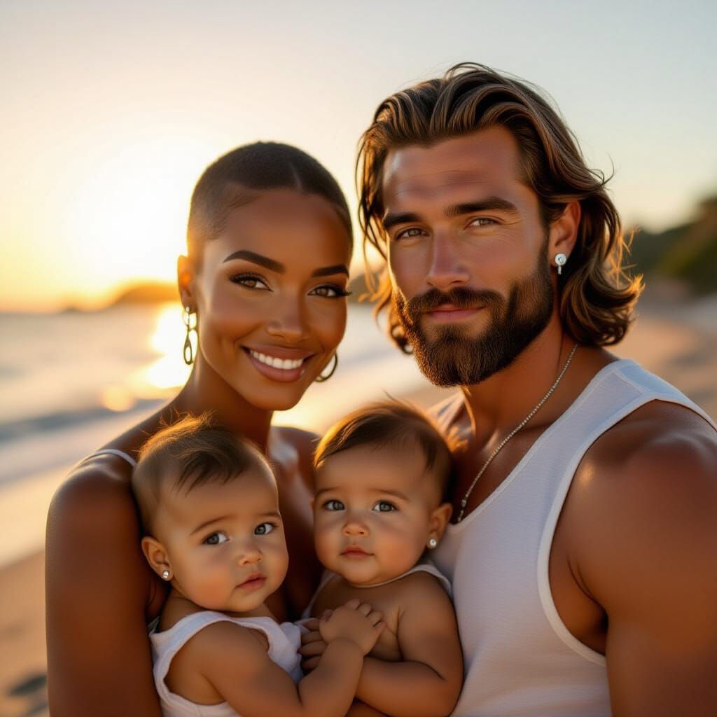 Family Beach Sunset Portrait: Melanated Woman, Belgian Man, ...