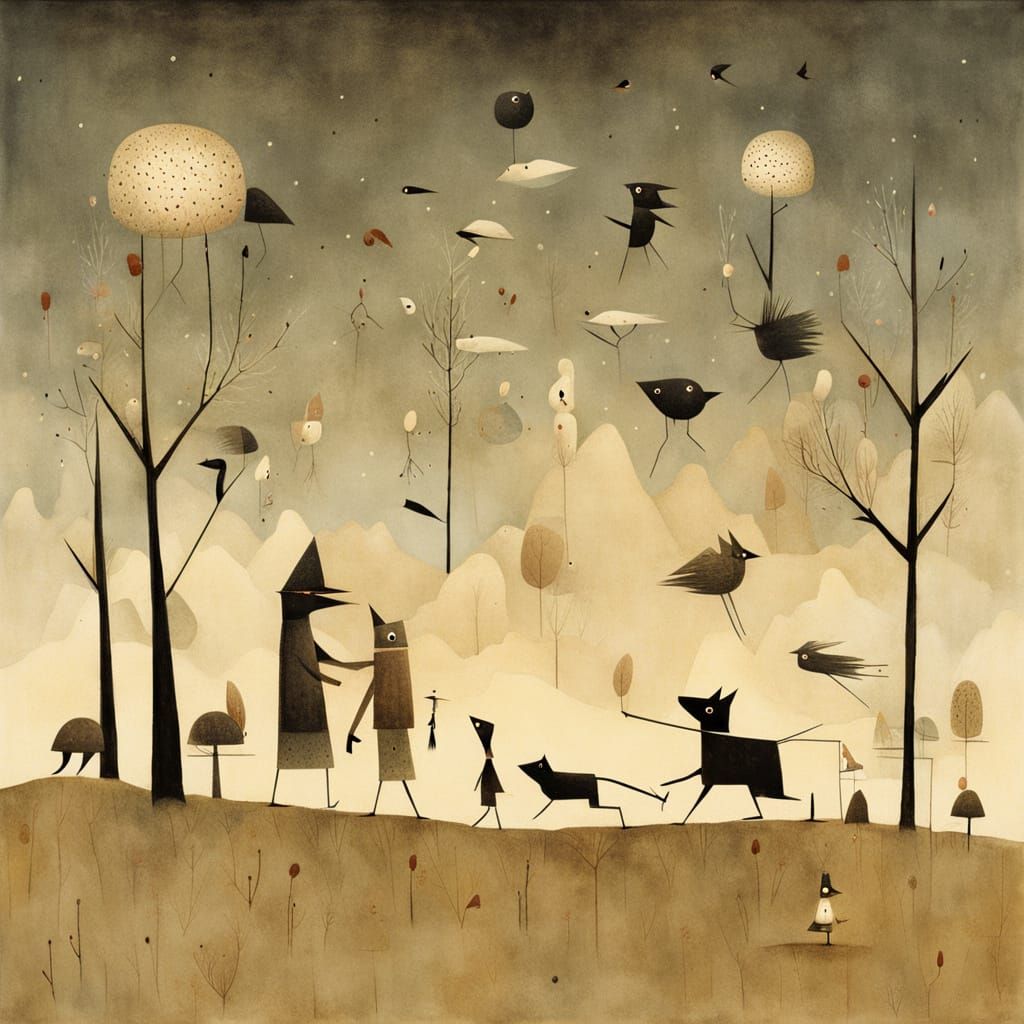 Playful Wanderer in Whimsical Primitivism Style