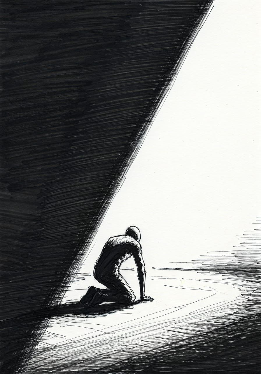 Monochrome Sketch of Kneeling Figure in Light