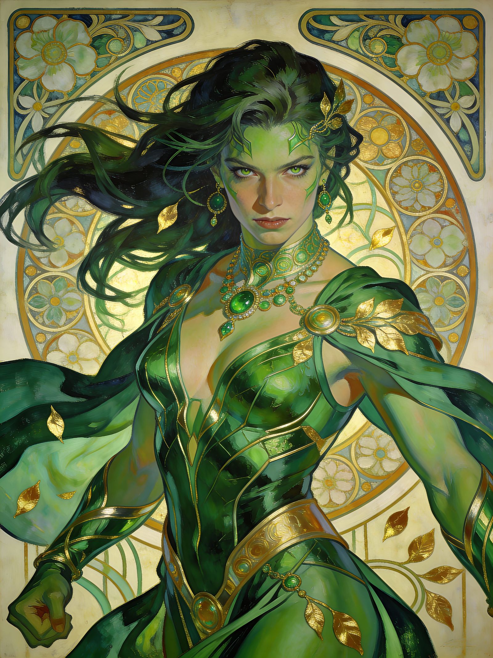 Green Fury Oil Painting in Klimt Style