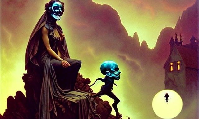 Halloween Tricksters in Jagged Landscape, Baroque Painting