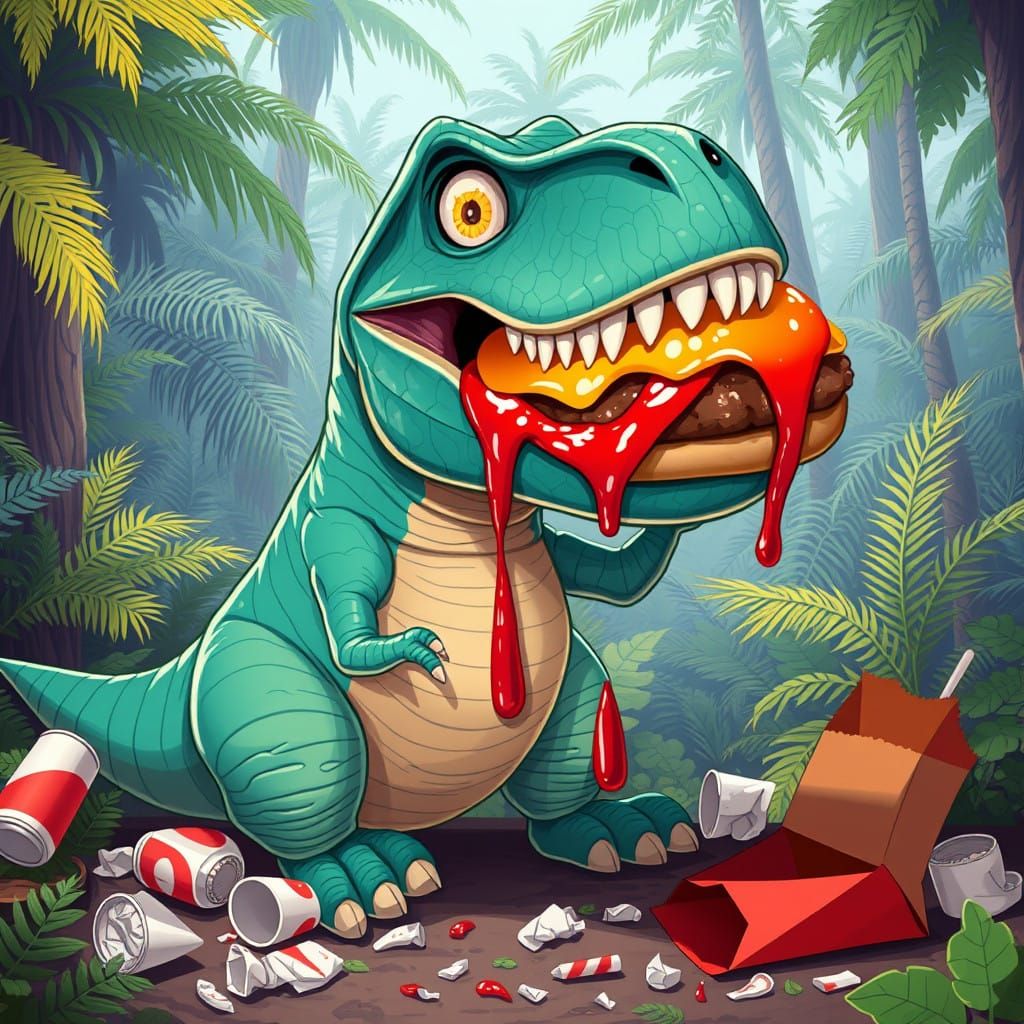Comical T-Rex Enjoying Giant Hamburger in Lush Prehistoric J...