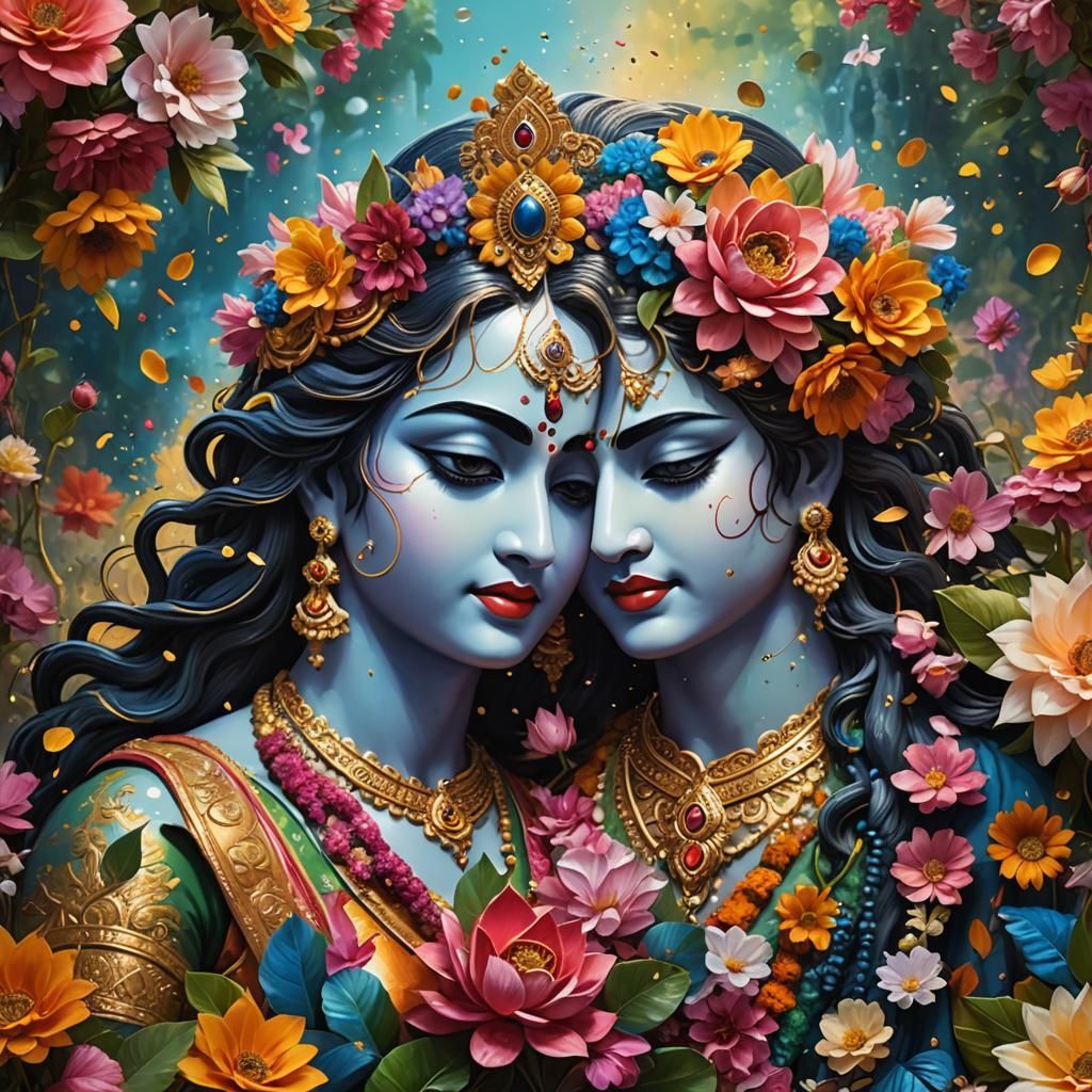 Hyperrealistic Radha Krishna with Colorful Flowers