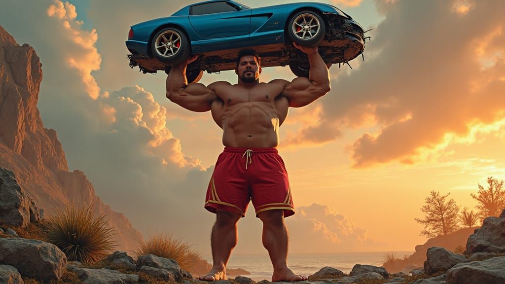 Colossal Bodybuilder Crushes Car in Detailed Matte Painting